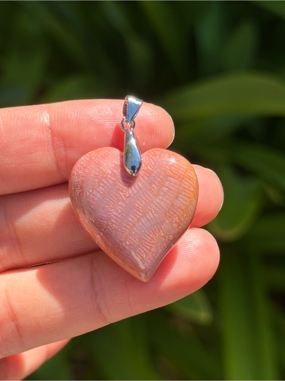 Handcrafted Pink Heart Pendant Necklace - Pink Stone with Silver Bail Palo